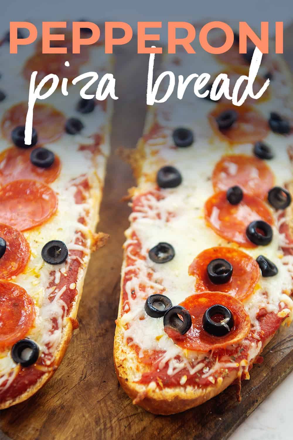 pepperoni pizza bread on wooden board with text for PIntrest.