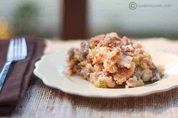 Sausage dressing on a decorative plate