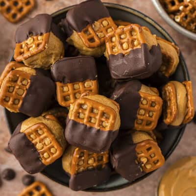 Peanut butter pretzel bites in small bowl.