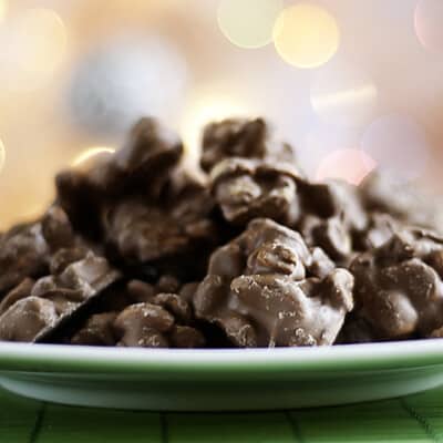 A stack of chocolate covered peanuts on a plate.