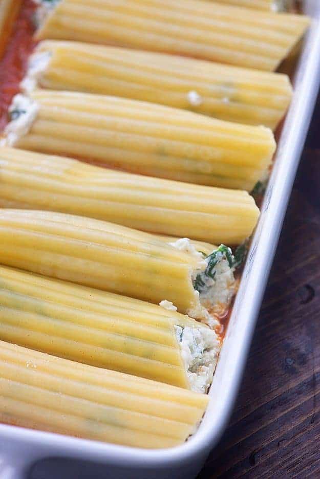 cheese manicotti recipe in white baking dish