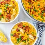 corn and chicken chowder in bowls.