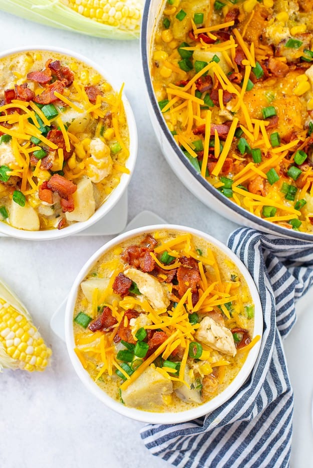 corn and chicken chowder in bowls.