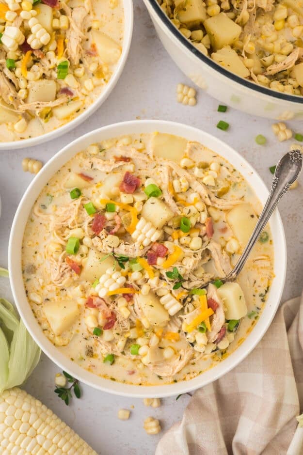 corn and chicken chowder in bowls.