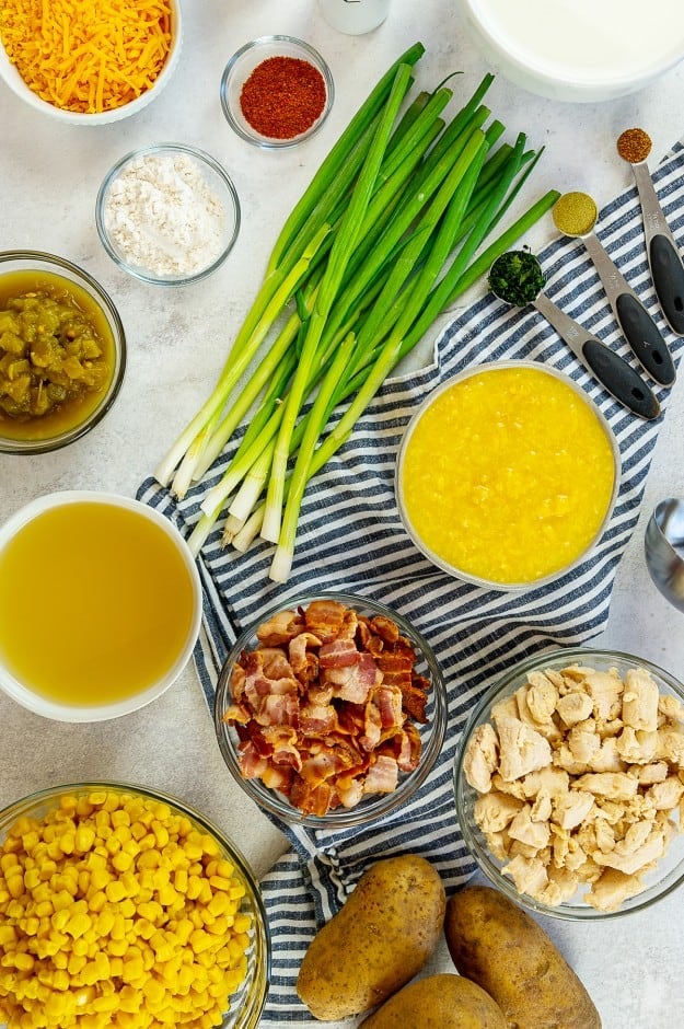 ingredients for corn and chicken chowder on countertop.