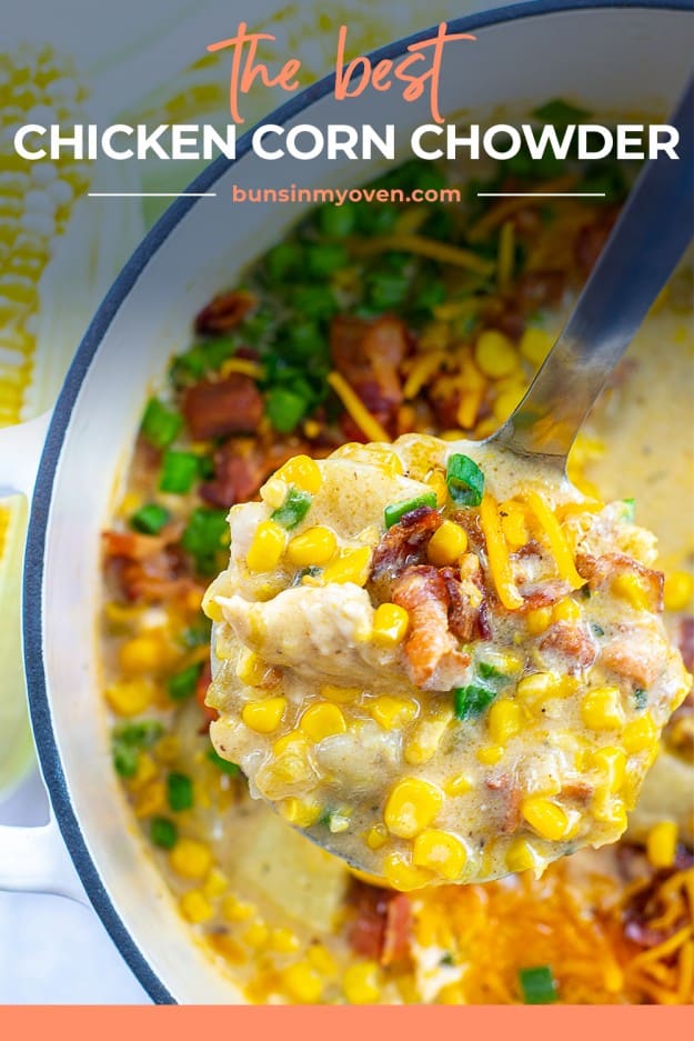 chicken chowder with corn on ladle.