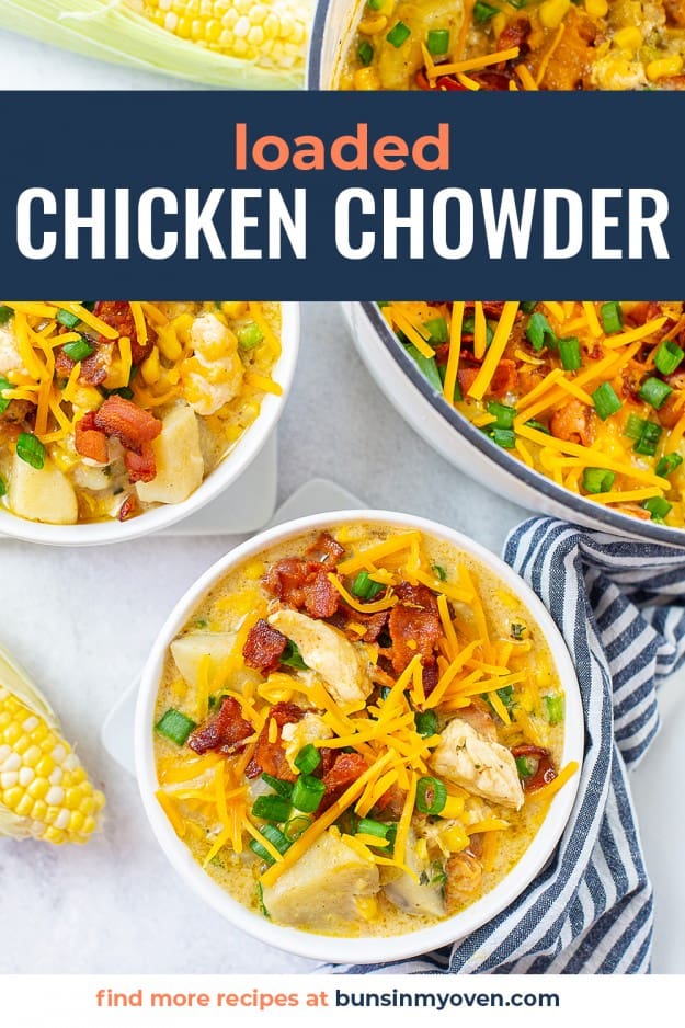 loaded corn chowder in white bowls.