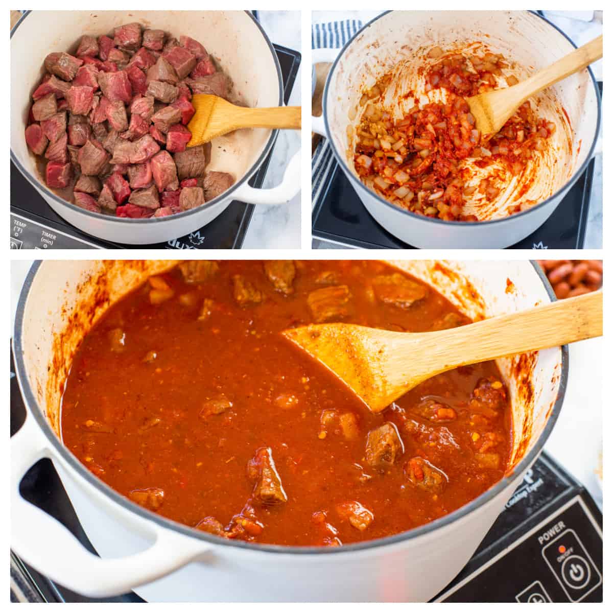 Collage showing how to make steak chili.