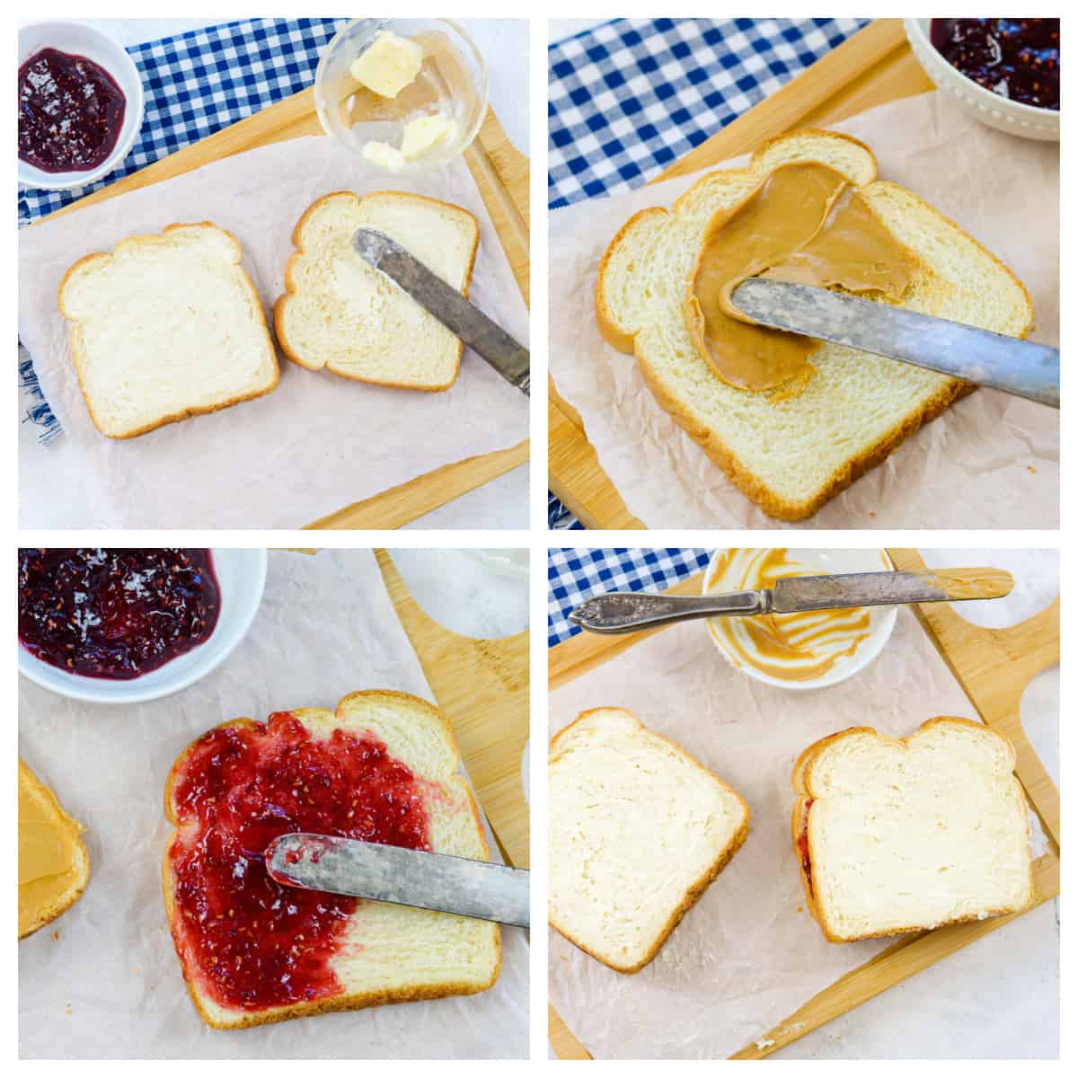 Collage showing how to make grilled peanut butter and jelly.