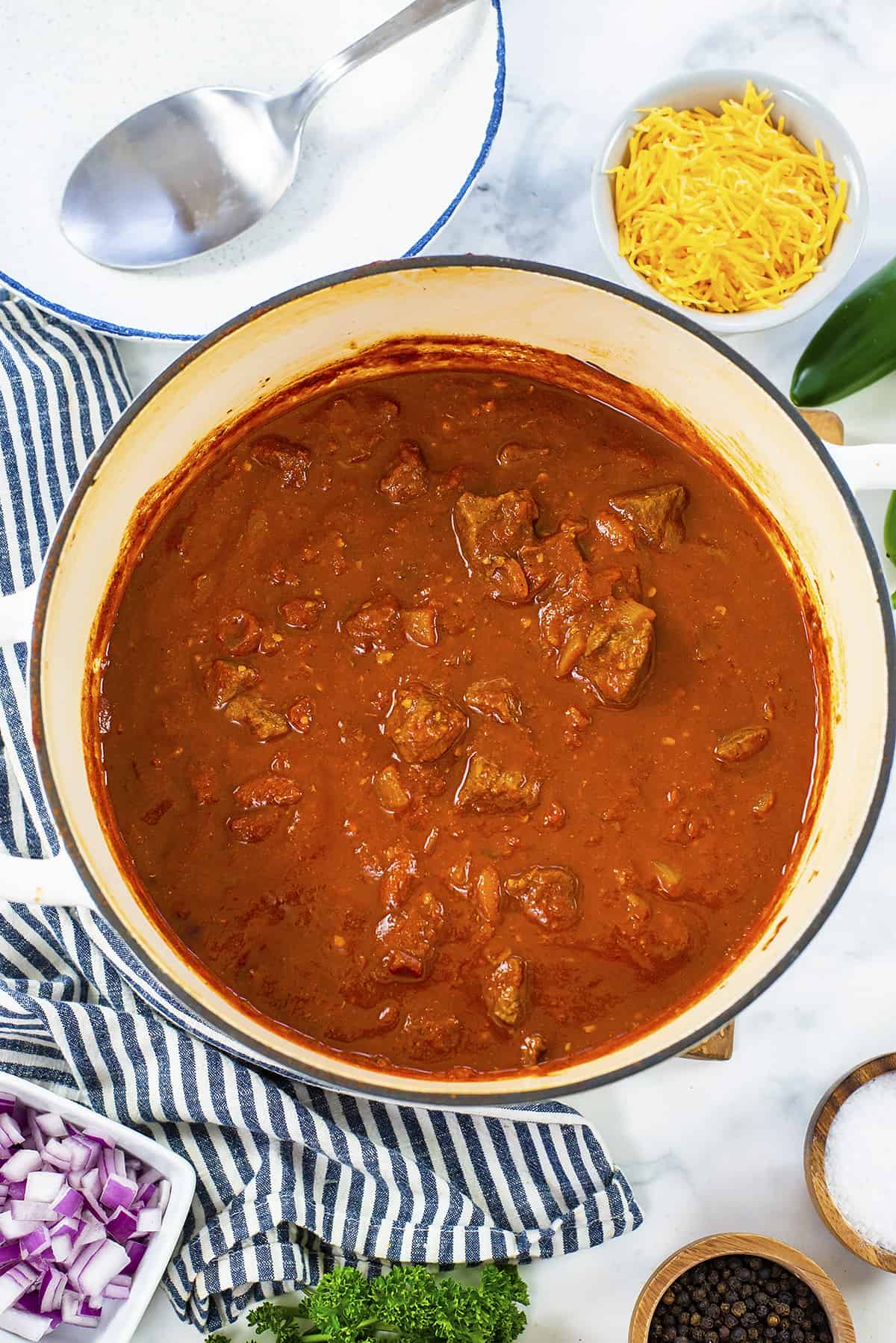 Overhead view of pot of steak chili.