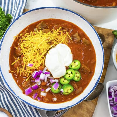 Overhead view of steak chili.