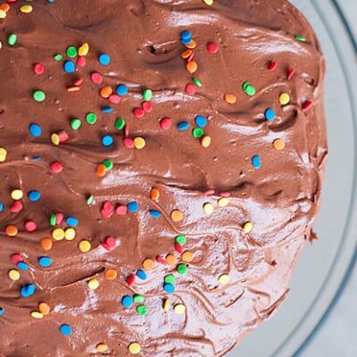 An overhead view of confetti cake with chocolate frosting