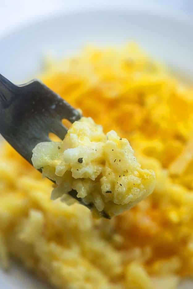 A fork being held up with a bite of cheese hashbrowns on it.