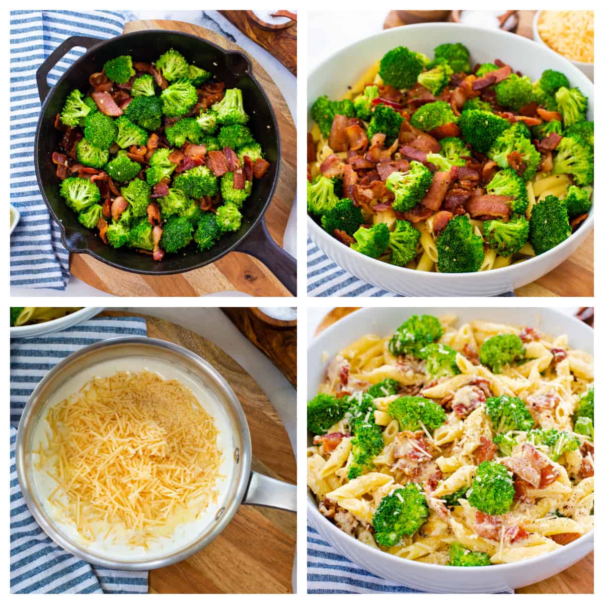 Collage of images showing how to make penne alfredo with bacon and broccoli.