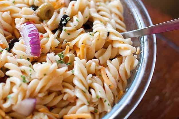 Cold pasta salad with a fork.