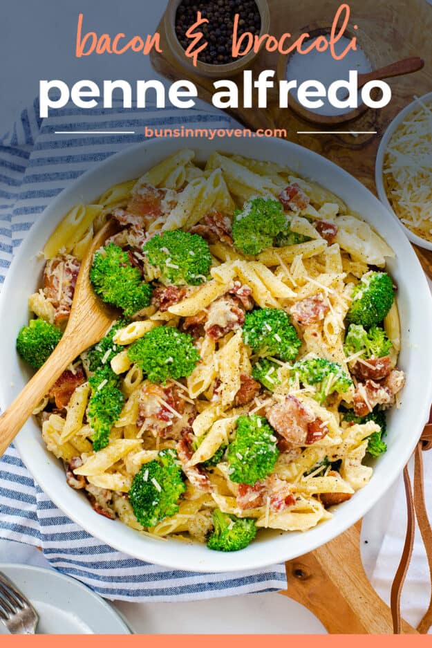 Bowl full of pasta with broccoli and bacon.