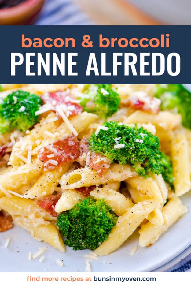 Close up of penne Alfredo with broccoli and bacon.