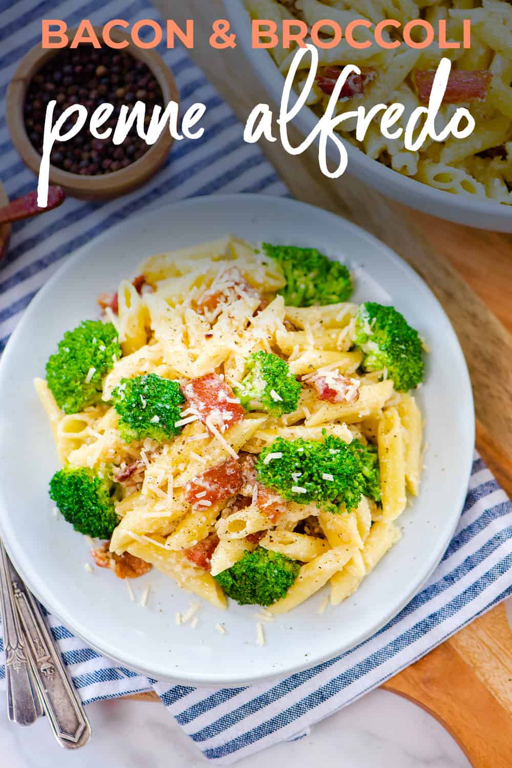 Overhead view of broccoli pasta on plate.