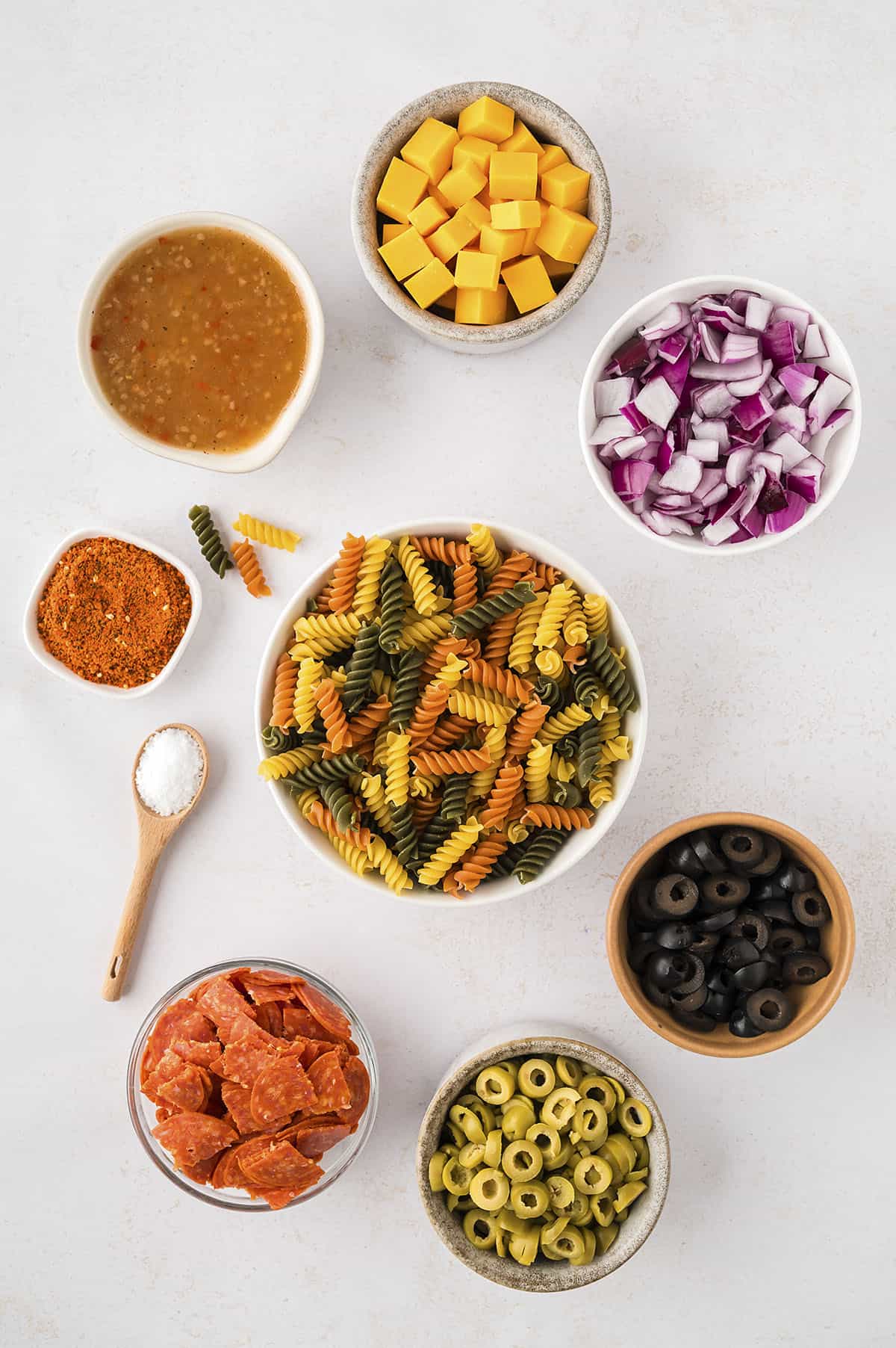 Ingredients for pasta salad recipe.