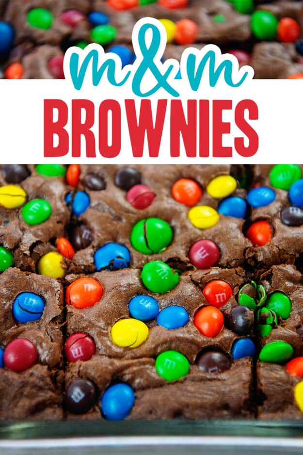 brownies topped with m&m's in baking dish.