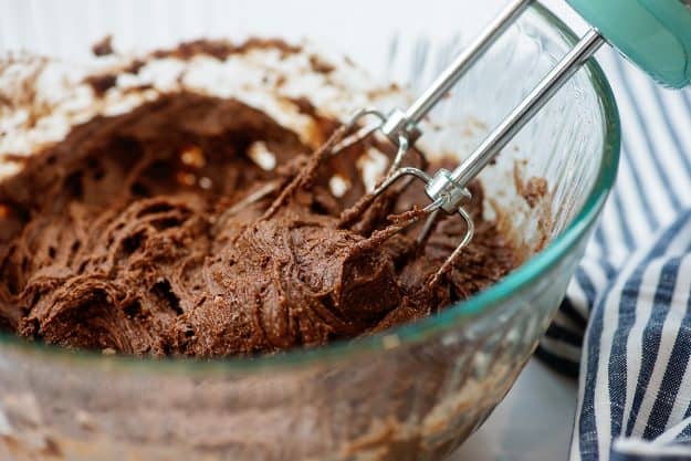 cake mix batter in glass bowl.