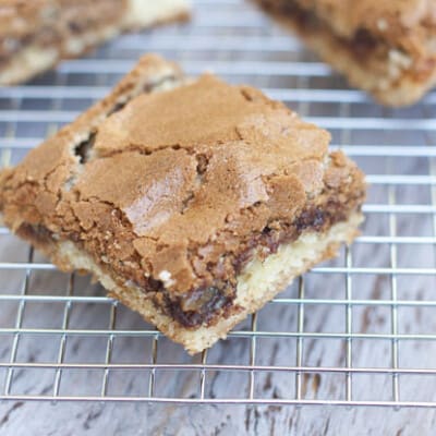 A closeup of a hot fudge peanut butter bar