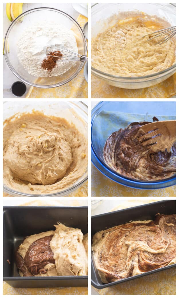 collage with photos showing how to make nutella banana bread.