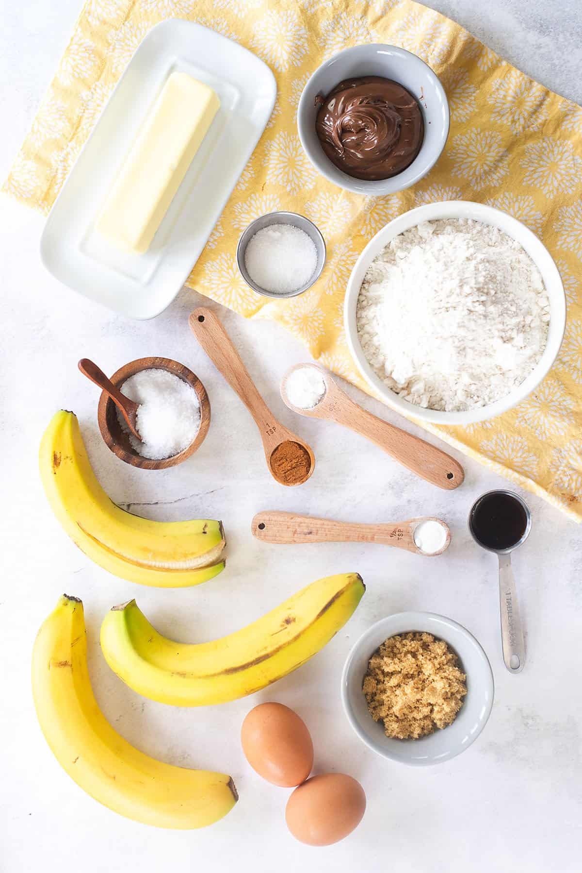 ingredients for Nutella banana bread.