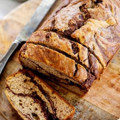 nutella swirled banana bread on cutting board.