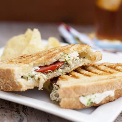 A closeup of Pesto chicken panini