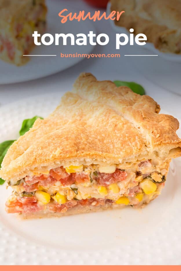 Slice of tomato pie on small white plate.