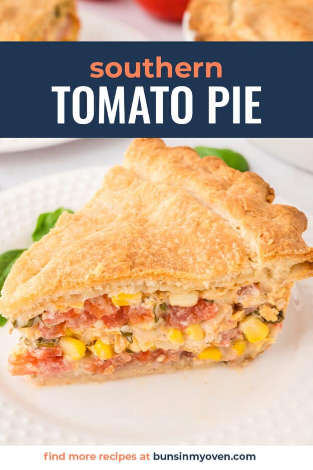 Slice of tomato pie on small white plate.