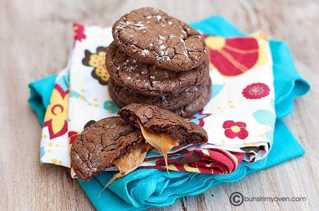 A rolo cookie cake on a folded cloth napkin.