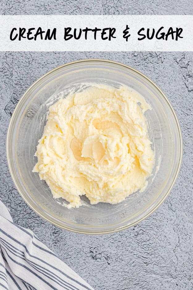 creamed butter and sugar in glass bowl.