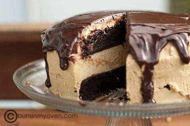 Chocolate peanut butter cake on a cake stand