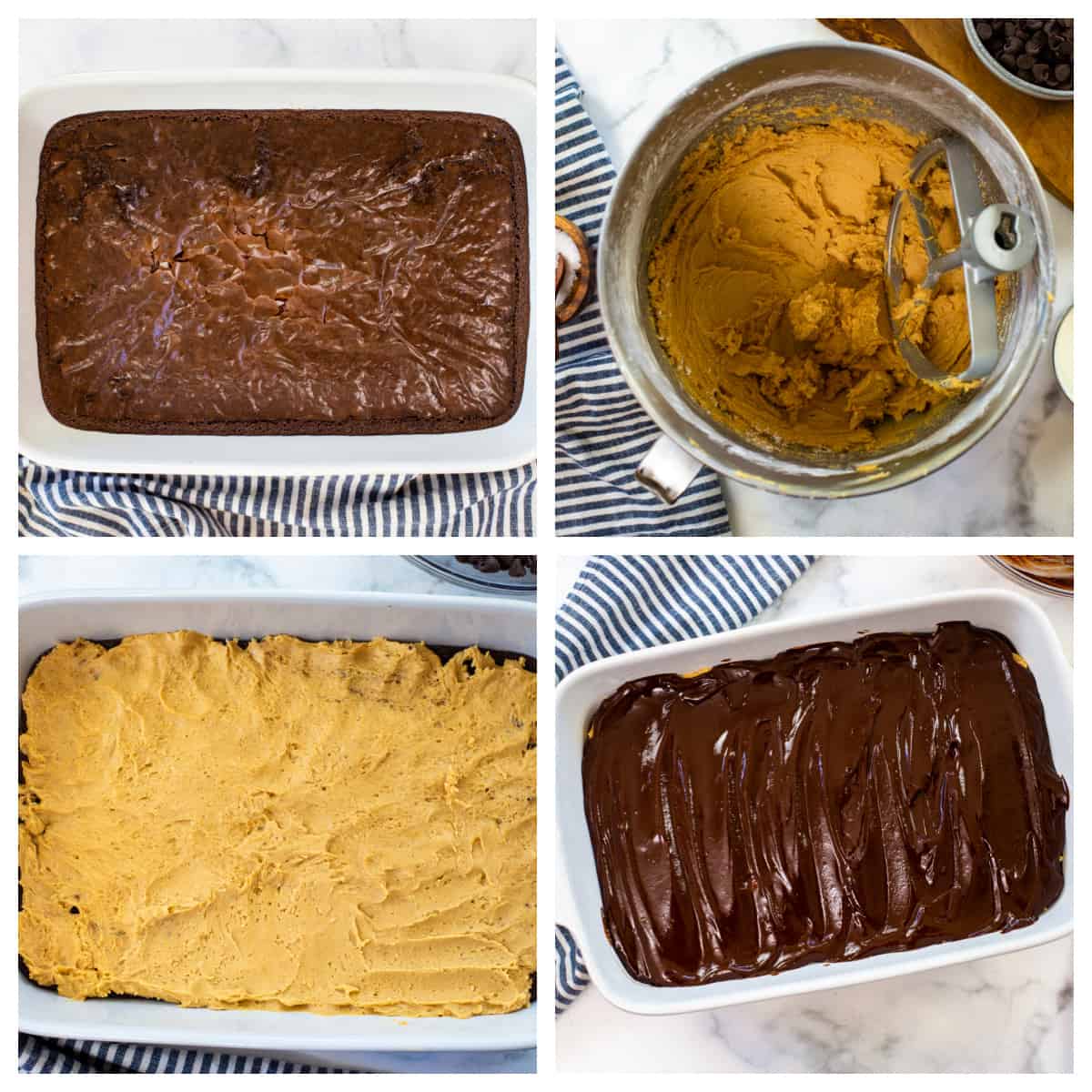 Collage showing how to make buckeye brownie recipe.