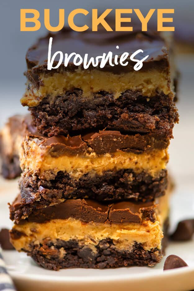 Stack of buckeye brownies with text for Pinterest.