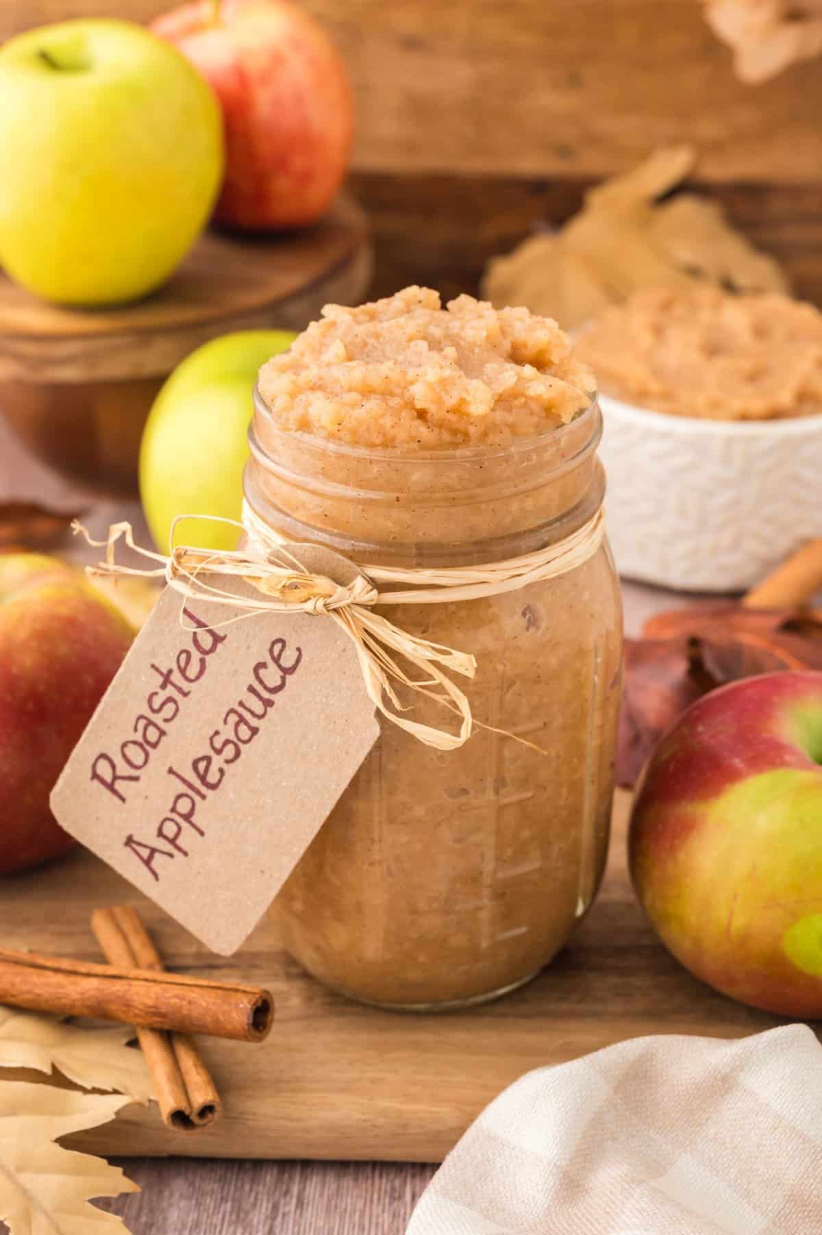 Roasted applesauce in mason jar.