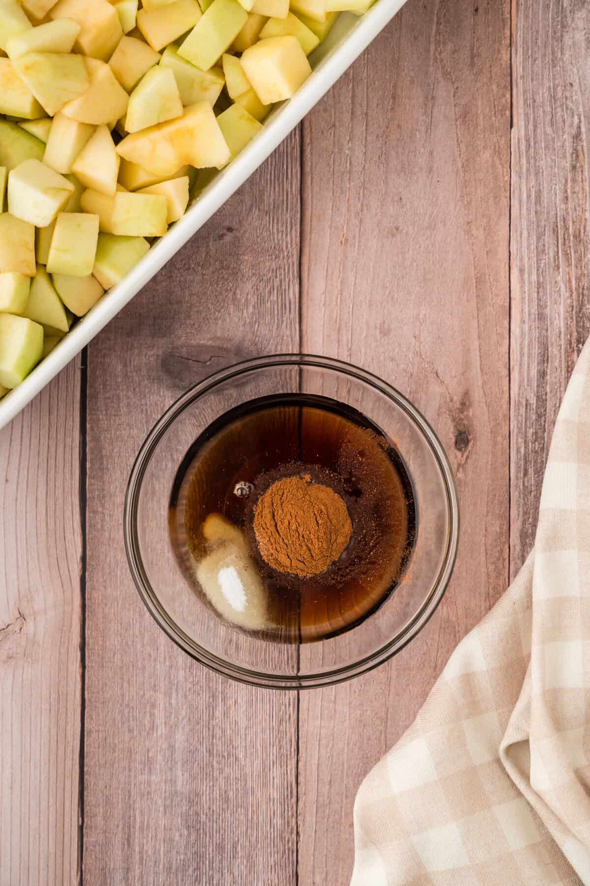 Maple syrup, oil, and cinnamon in small mixing bowl.