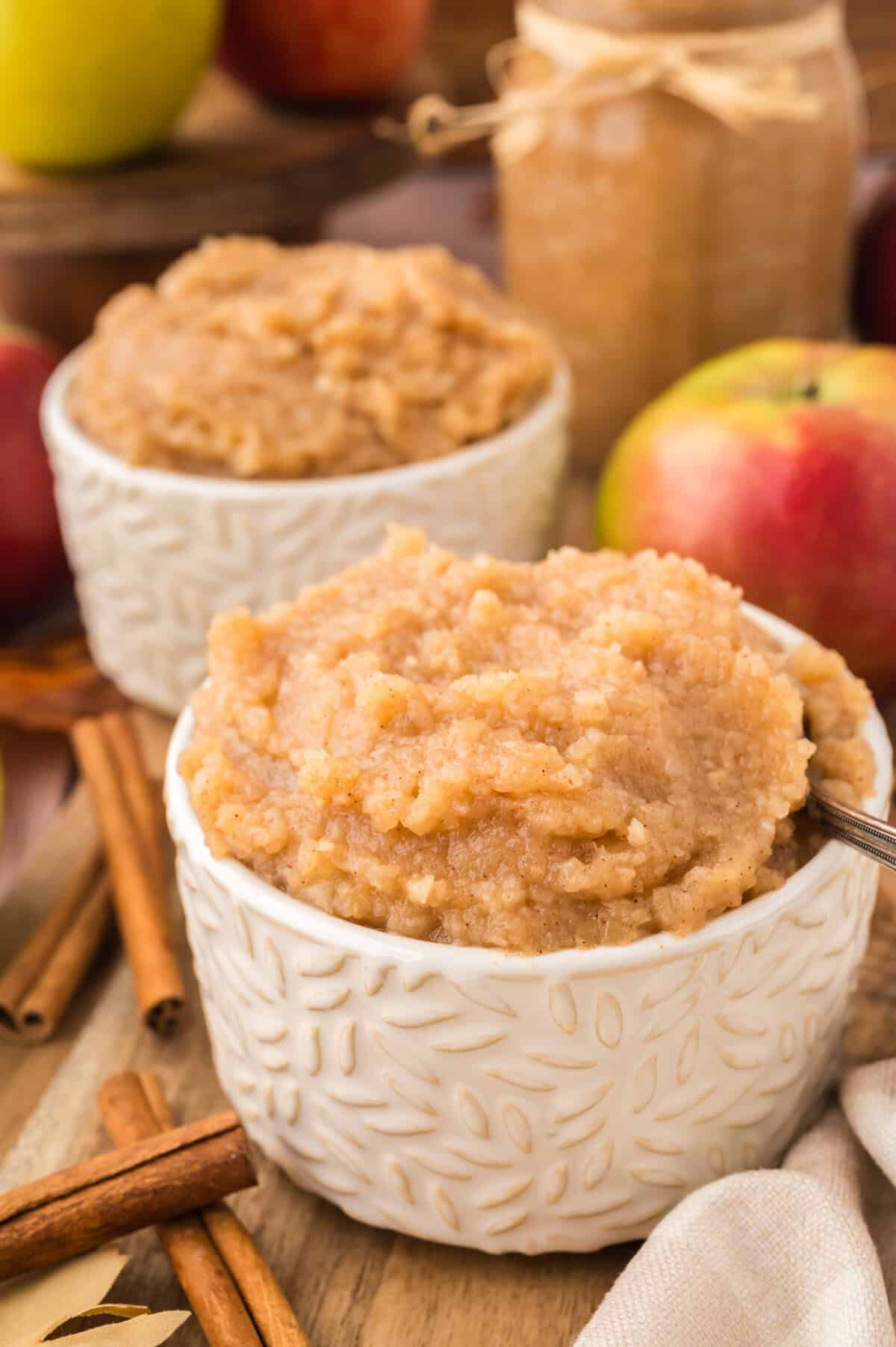 Small dish filled with homemade applesauce recipe.