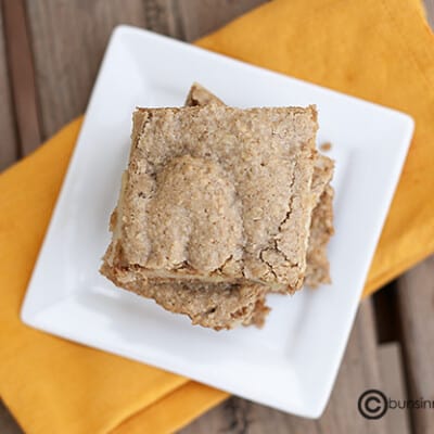 An overhead view of johnny Appleseed bars on a square white plate.