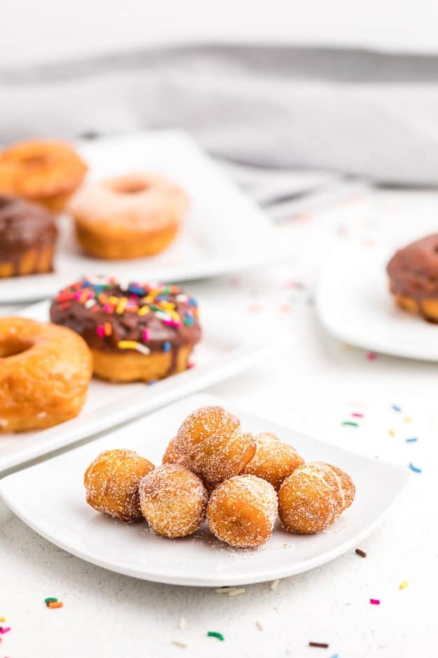 donut holes on white plate.