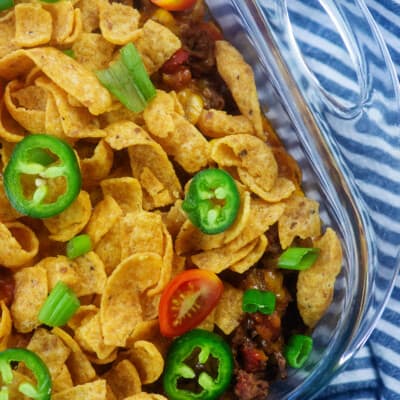 overhead view of Frito Pie in casserole dish