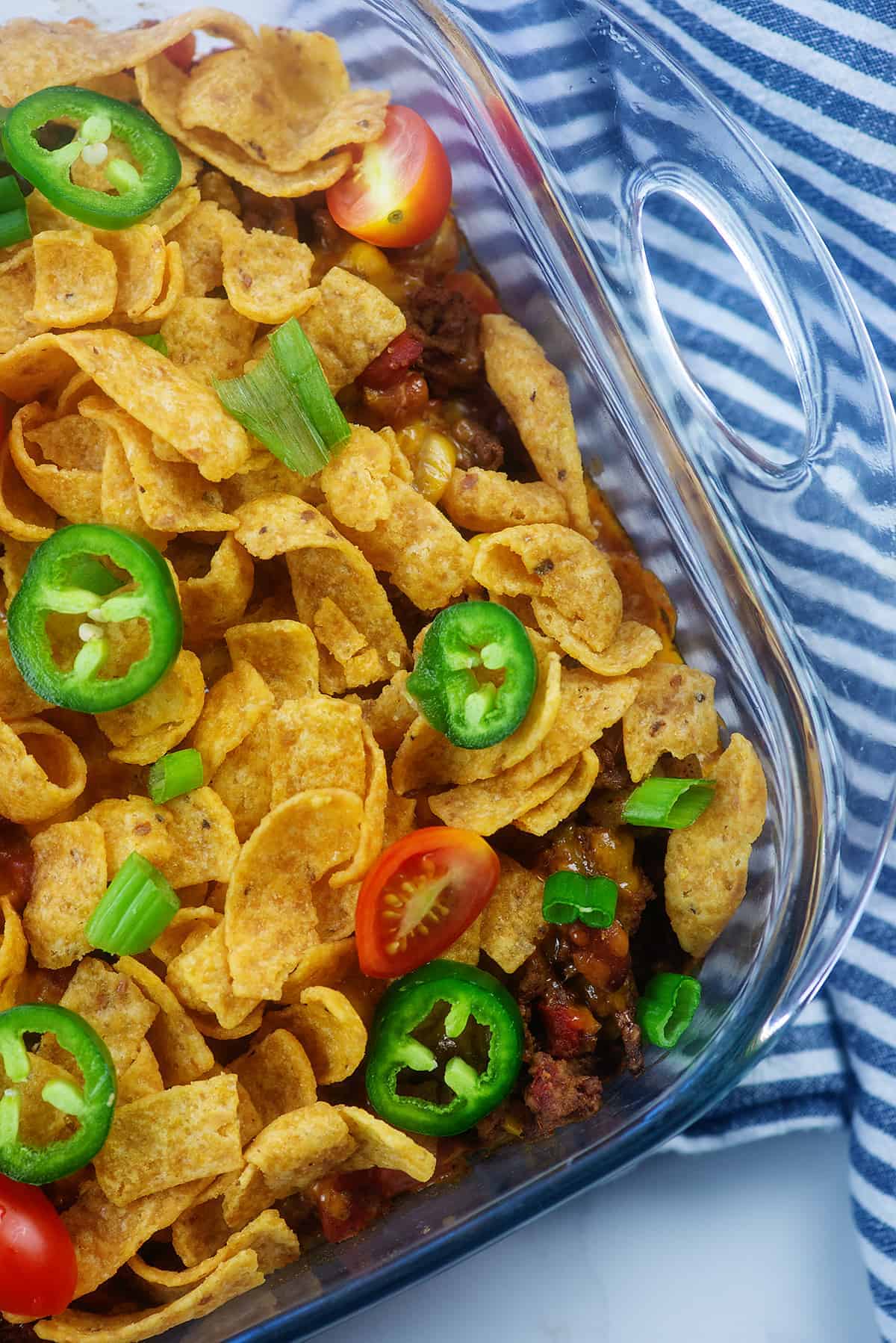 overhead view of Frito Pie in casserole dish