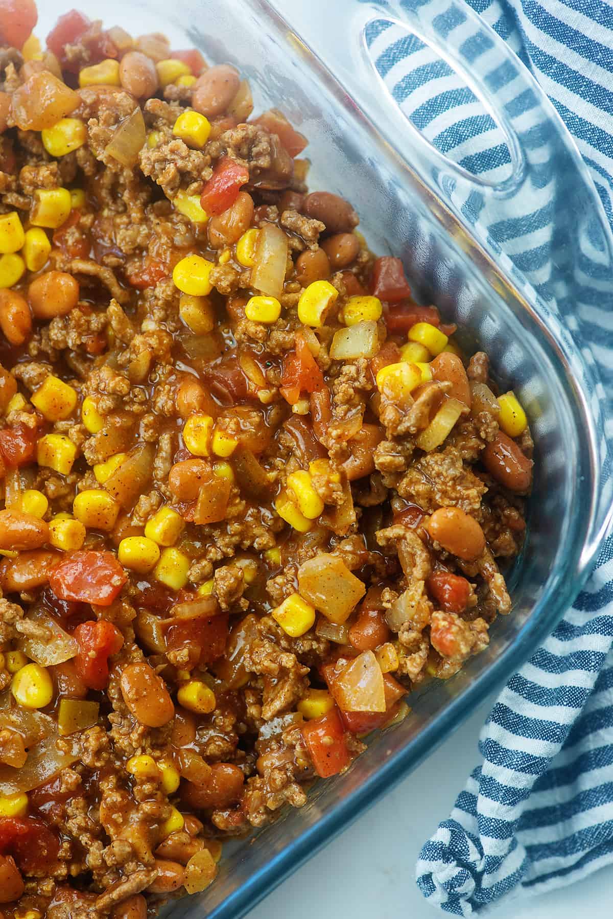 overhead view of beef mixture in casserole dish.