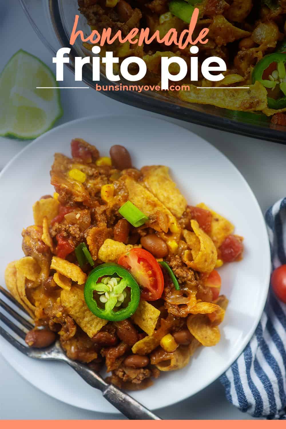 overhead view of Tex-Mex frito chili pie on white plate.