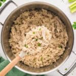 Southern style chicken and rice in pot.