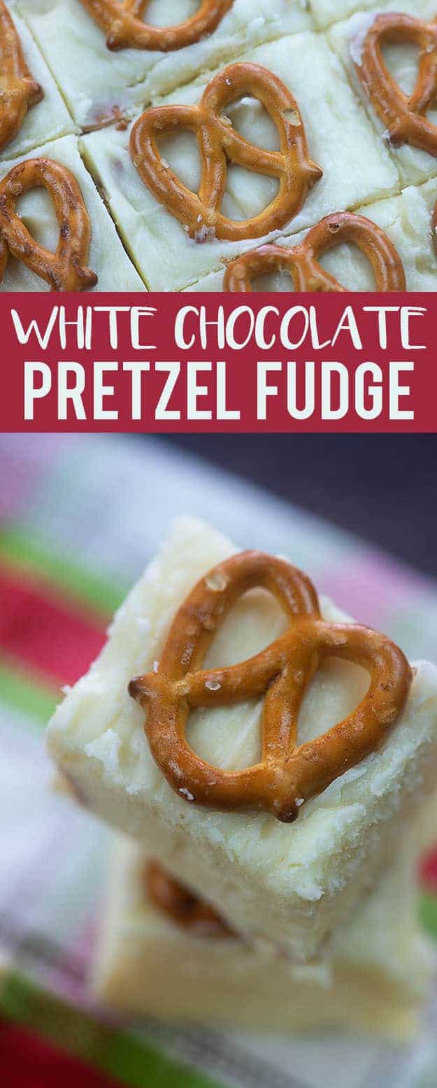 Close up of a pretzel on top of a piece of fudge.