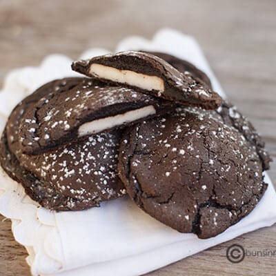 A close up of stacked chocolate peppermint cookies.