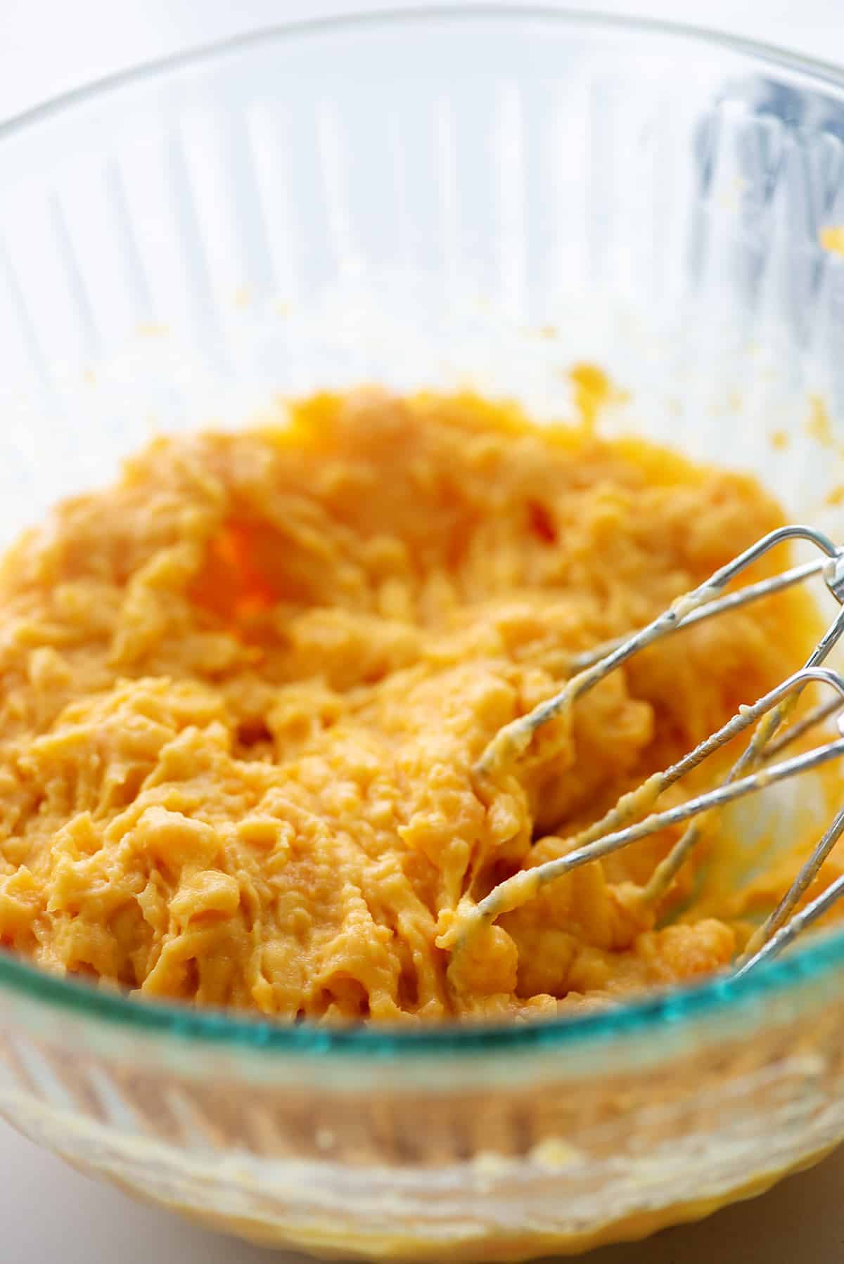 creamy sweet potato pie filling in glass bowl.